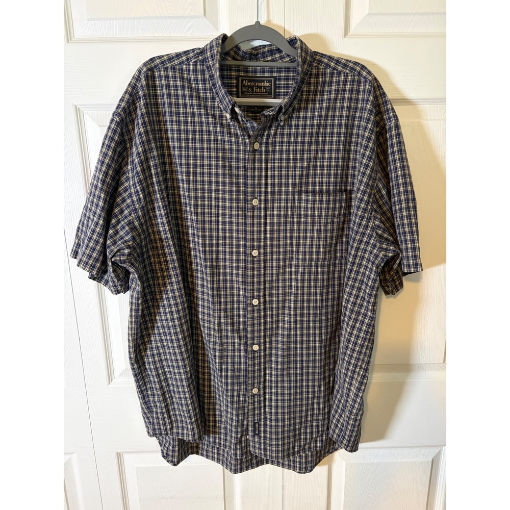 Abercrombie & Fitch Mens XL Plaid Button Down Shirt Short Sleeve Navy Blue Green